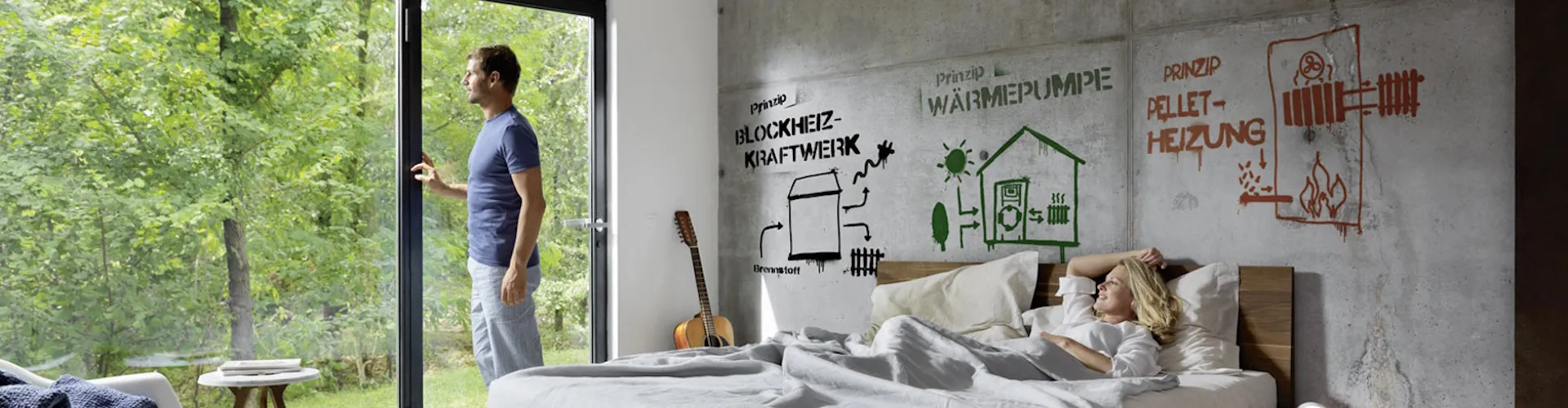 Heizungstypen-Graffiti an Innenwand eines Schlafzimmers.