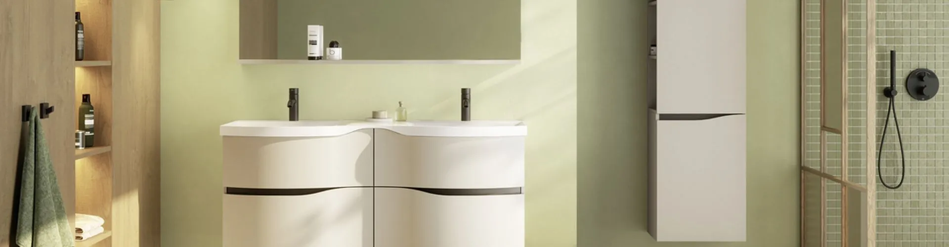 Planungsbeispiel eines Badezimmers mit Sinea 3.0 von burgbad mit charakterisitischer geschwungener Waschtischfront in Veloursgrau Softmatt.