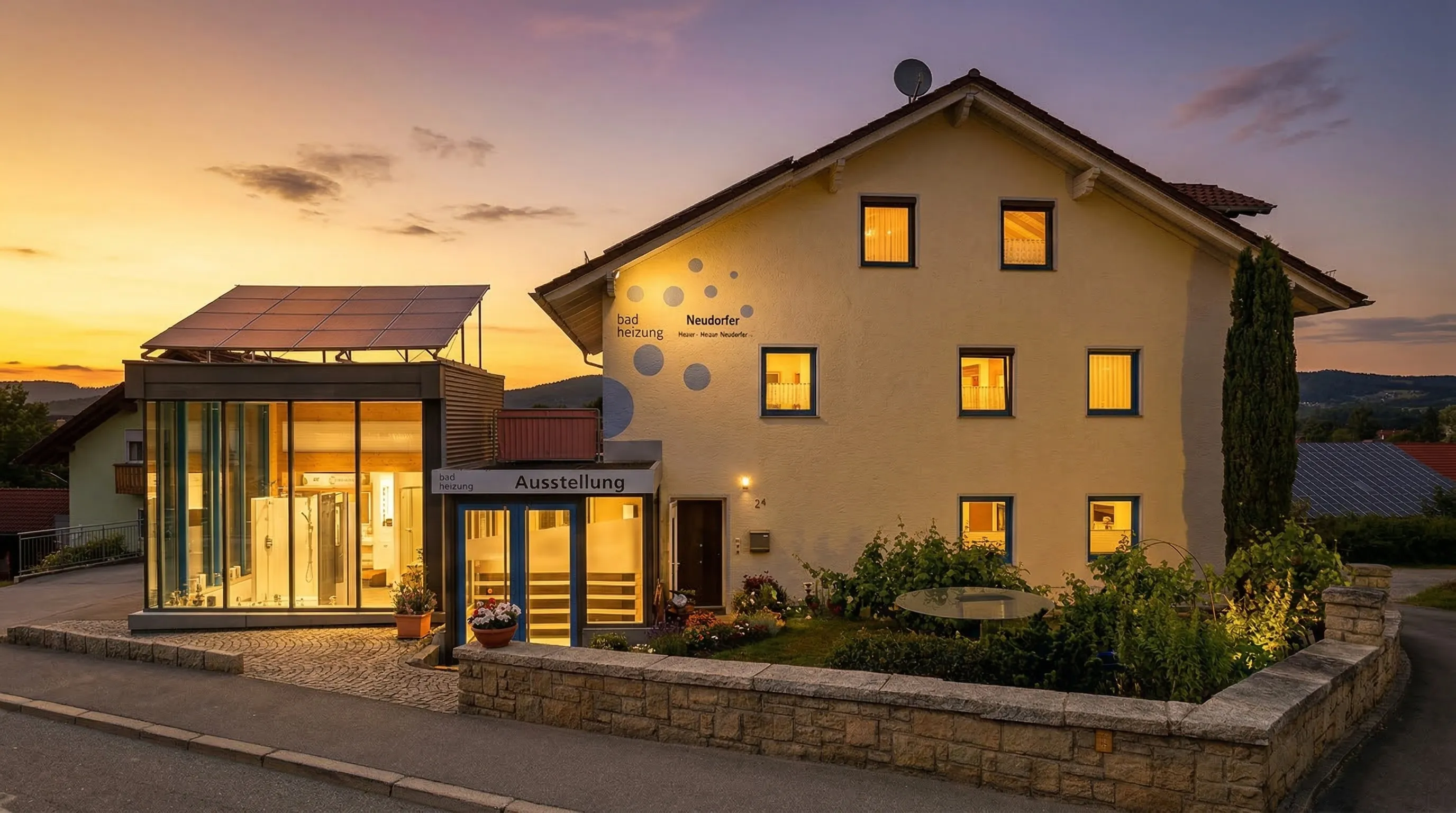Gebäudekomplex im Sonnenuntergang, bestehend aus einem modernen, verglasten Anbau mit Solaranlage auf dem Dach und einem traditionellen, hellgelben Wohnhaus. Der Anbau ist eine beleuchtete Badausstellung mit Duschkabinen und Armaturen. Am Hauptgebäude steht 'bad heizung Neudorfer'. Ein gepflegter Vorgarten mit einer niedrigen Steinmauer befindet sich vor dem Hauptgebäude. Der Himmel zeigt die leuchtenden Farben des Sonnenuntergangs in Orange und Lila.