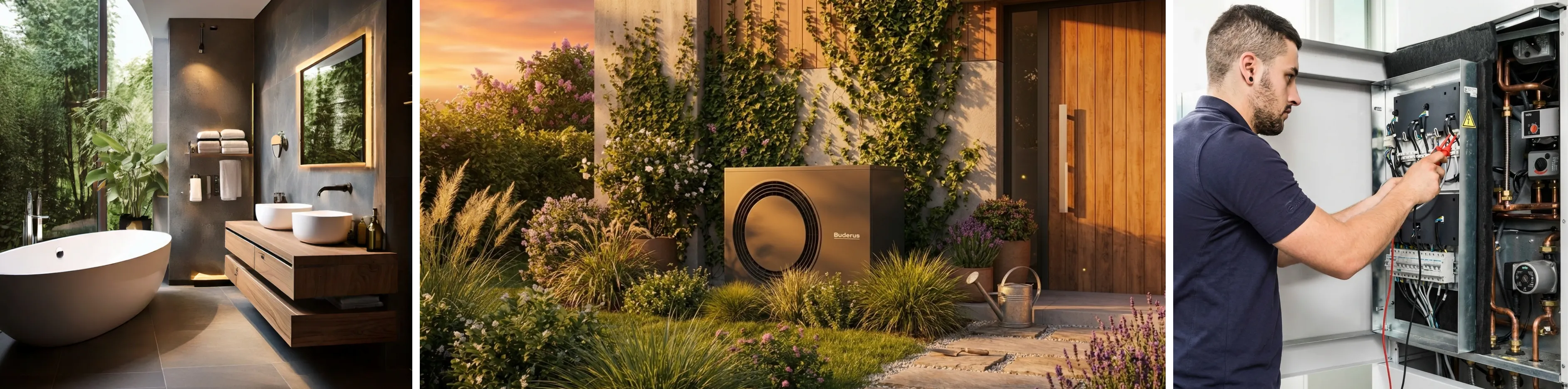 Dieses Bild zeigt eine Buderus Wärmepumpe im idyllischen Garten bei Sonnenuntergang, ein modernes Bad mit freistehender Wanne sowie einen Techniker bei der fachgerechten Installation. Es repräsentiert nachhaltiges Heizen und Wohnen.