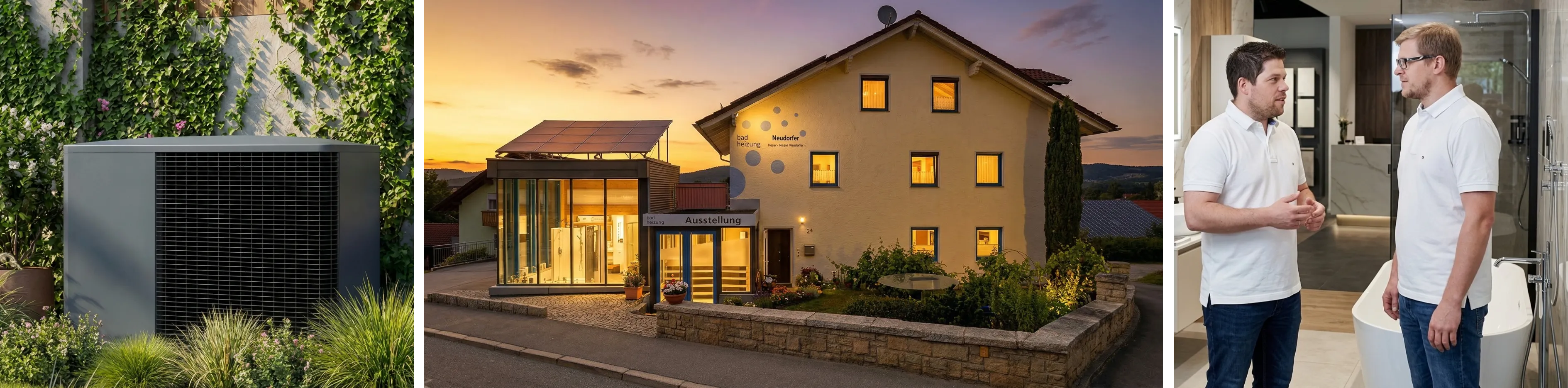 Moderne Wärmepumpe im grünen Garten, das beleuchtete Neudorfer Fachgeschäft für Bad und Heizung mit Solaranlage am Abend, sowie eine Fachberatung in der eleganten Badausstellung zeigen umfassende Lösungen für Zuhause.