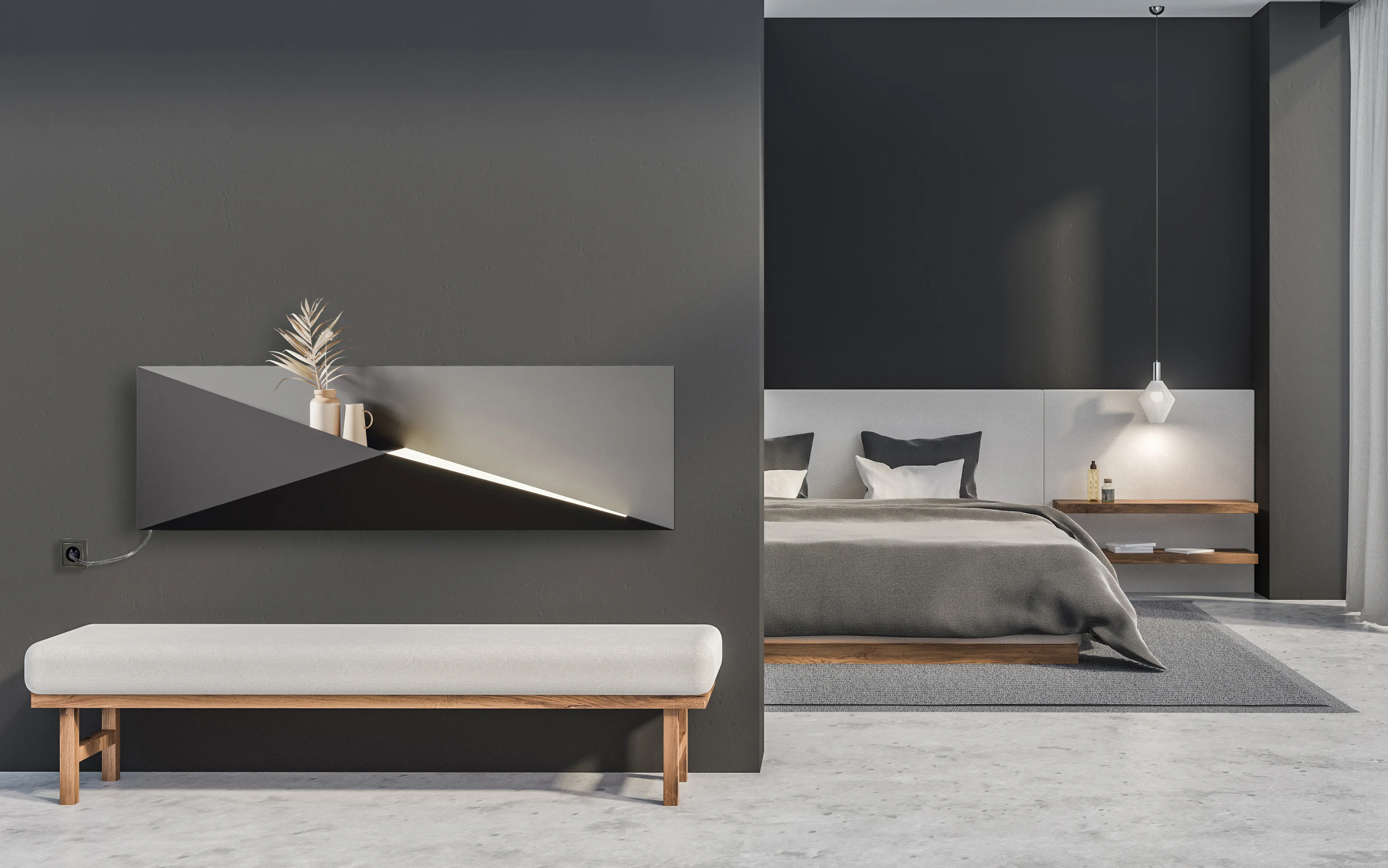 Horizontaler Designheizkörper Polygon von Bemm im Header-Format im modernen Schlafzimmer.