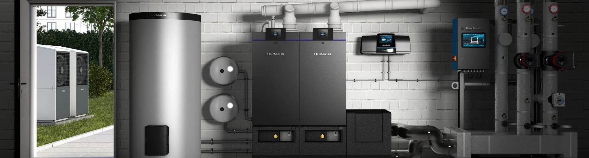 Einbausituation eines Gasbrennwertsystems mit Speicher und Wärmepumpe von Buderus.