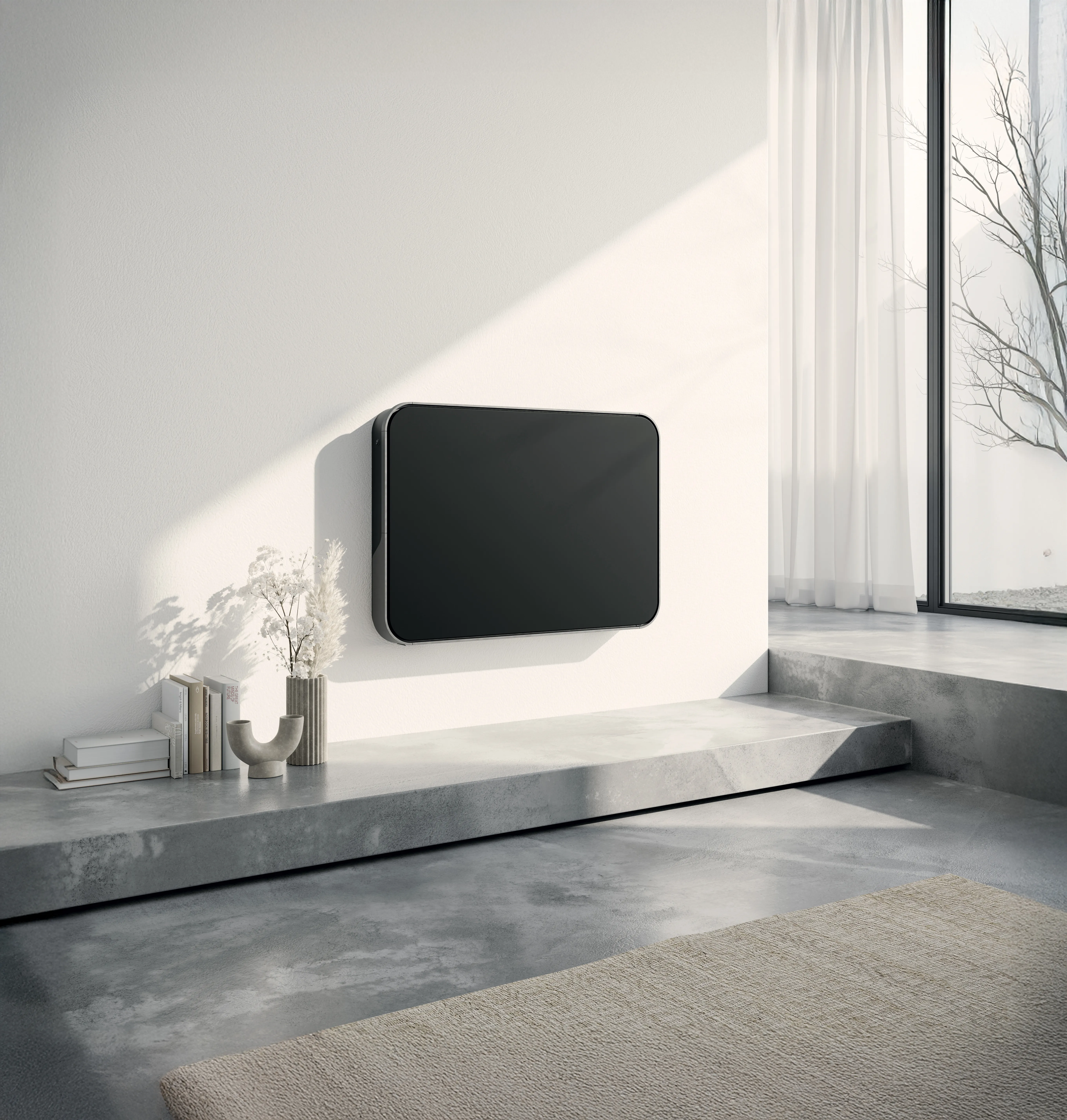 Header mit horizontalem schwarzen Designheizkörper Relax Hybrid vom Hersteller Bemm im modernen Wohnzimmer.