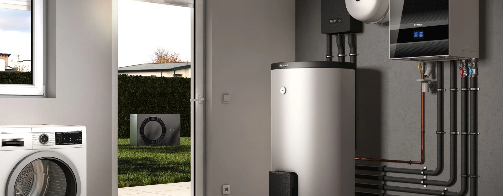 Hybridheizung bestehend aus Brennwertgerät, Speicher und Wärmepepumpe im Einfamilienhaus.