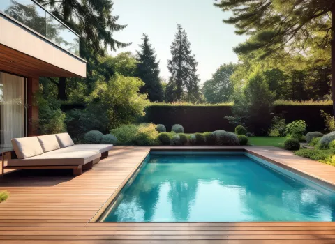 Schwimmbecken mit Holzumrandung neben Haus und Bäumen.