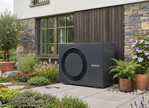 Dunkelgraue Buderus Wärmepumpe auf einer hellen Steinterrasse vor einem neudorfer Haus mit moderner Fassade aus Naturstein, dunklen Holzpaneelen und einem grünen vertikalen Garten. Der üppig bepflanzte Gartenbereich ist mit einem Olivenbaum, verschiedenen Ziergräsern und violetten Clematisblüten sowie weiteren Stauden gestaltet.