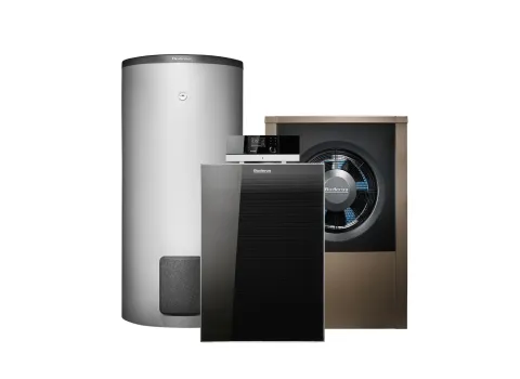 Ein Hybridheizsystem bestehend aus Logano plus KBH192i , Logalux SH und Logatherm WLW196i AR von Buderus vor neutralen Hintergrund.