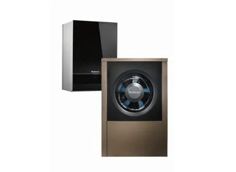 Innen- und Außeneinheit der Luft-Wasser-Wärmepumpe Logahterm WLW196i AR von Buderus vor neutralen Hintergrund.