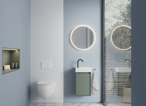 Kleiner Waschtisch aus der Kollektion Devio des Herstellers burgbad in einem Gäste-WC.