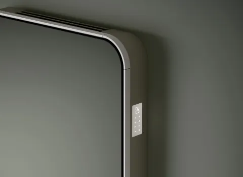 Schwarzer Designheizkörper Relax Hybrid vom Hersteller Bemm mit beleuchtetem Display.