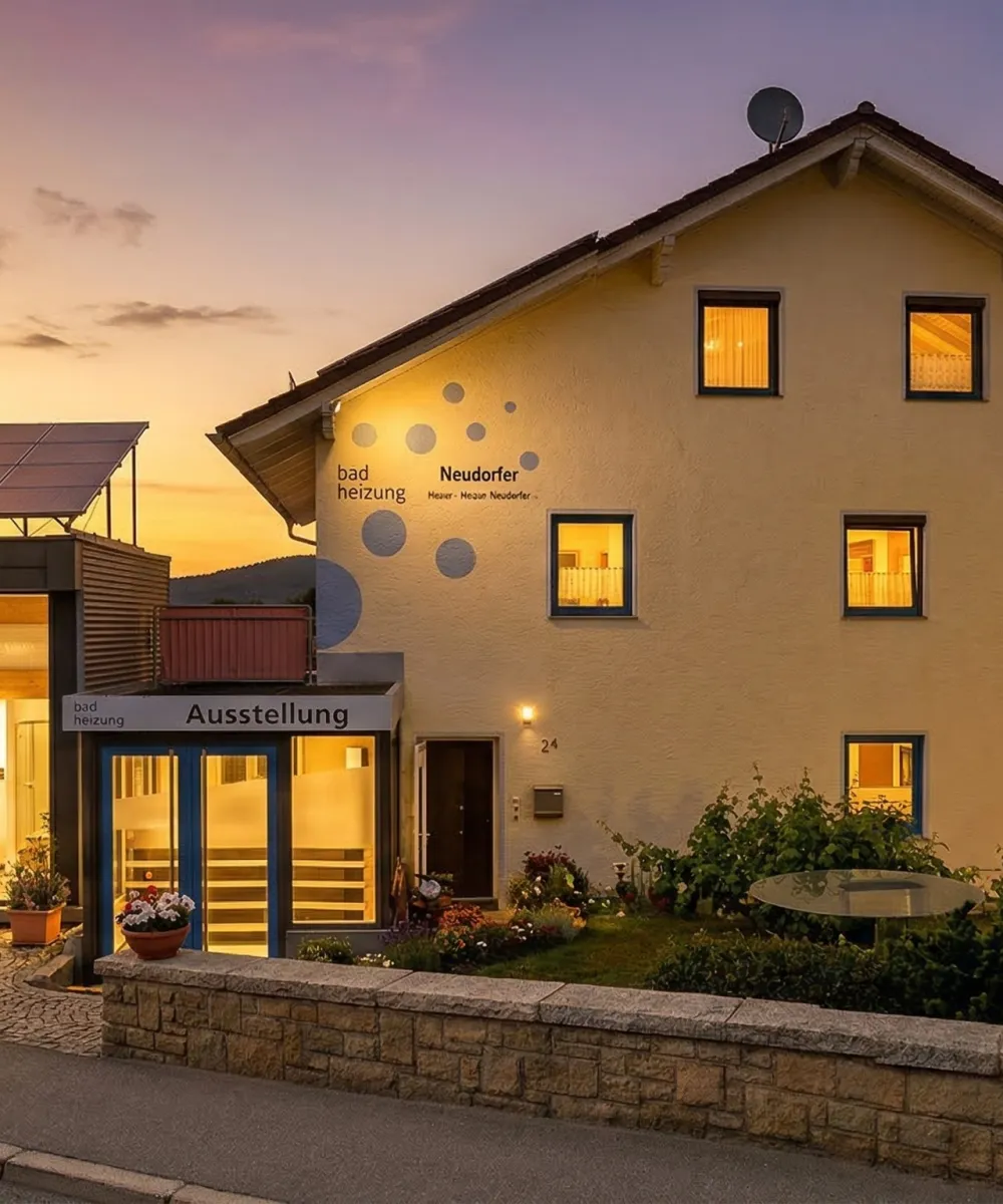 Gebäudekomplex im Sonnenuntergang, bestehend aus einem modernen, verglasten Anbau mit Solaranlage auf dem Dach und einem traditionellen, hellgelben Wohnhaus. Der Anbau ist eine beleuchtete Badausstellung mit Duschkabinen und Armaturen. Am Hauptgebäude steht 'bad heizung Neudorfer'. Ein gepflegter Vorgarten mit einer niedrigen Steinmauer befindet sich vor dem Hauptgebäude. Der Himmel zeigt die leuchtenden Farben des Sonnenuntergangs in Orange und Lila.