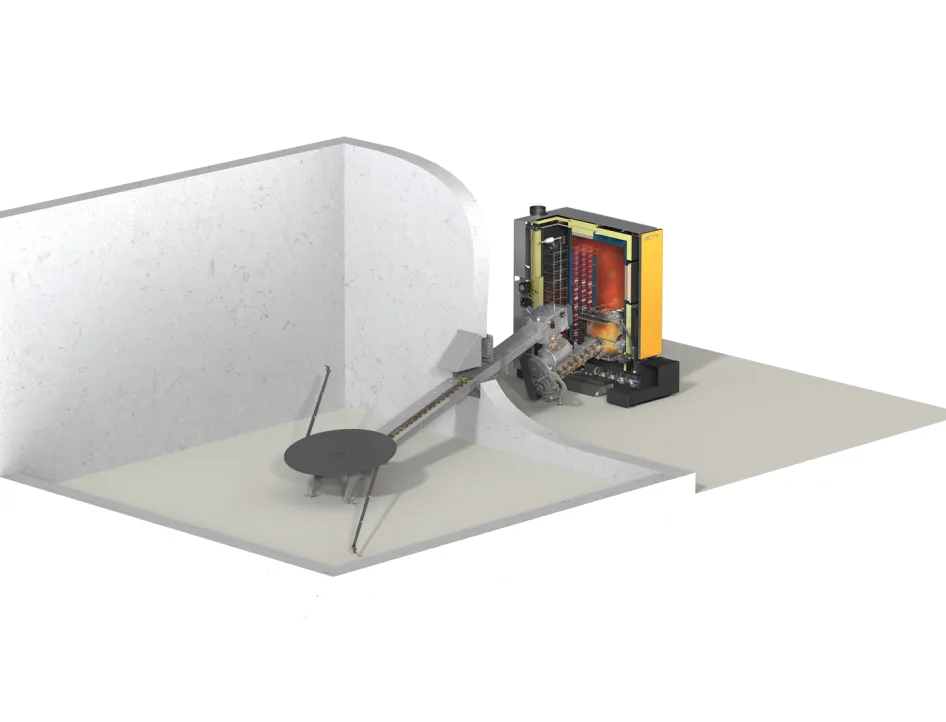 Grafische Darstellung der Funktionsweise eines Hackgutkessels.