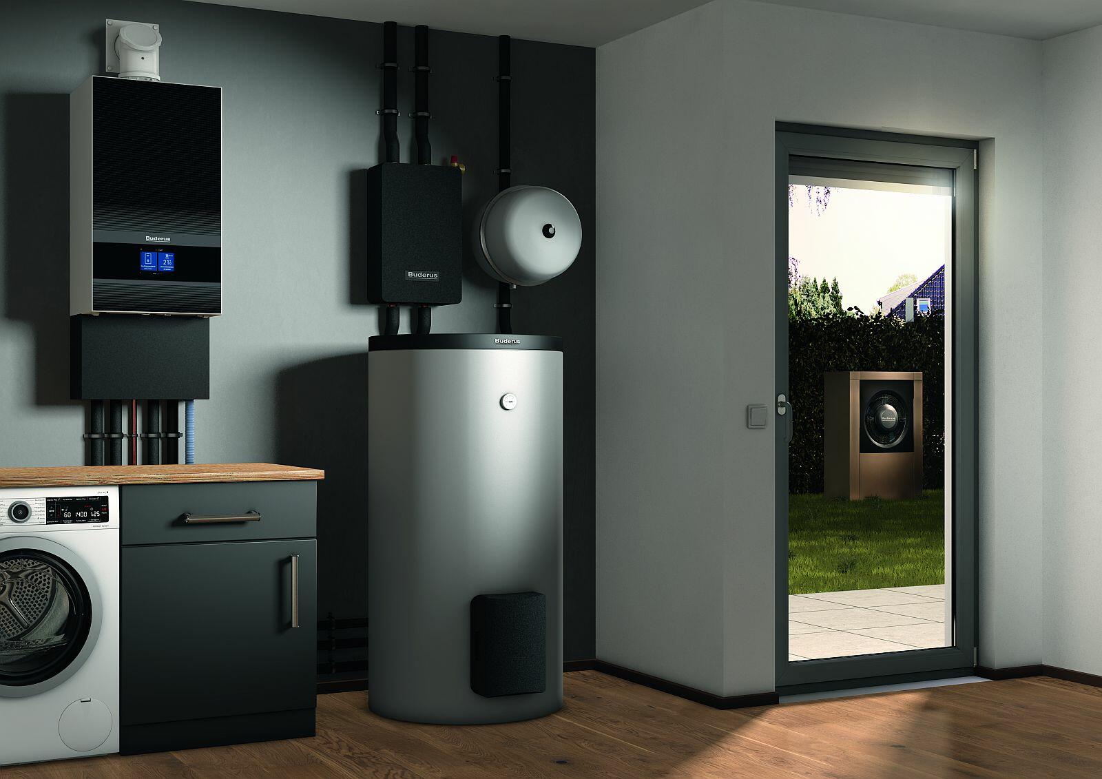 Einbausituation 3D / Milieubild Logamax plus GB172i / Speicher Logalux SH / Logatherm WLW196i AR – Haushaltsraum.